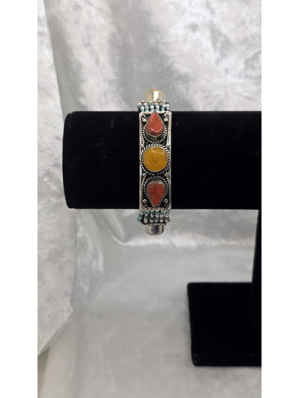 Alpaca Mexico Bracelet Turquoise Coral Southwestern Panel Bracelet Boho Jewelry